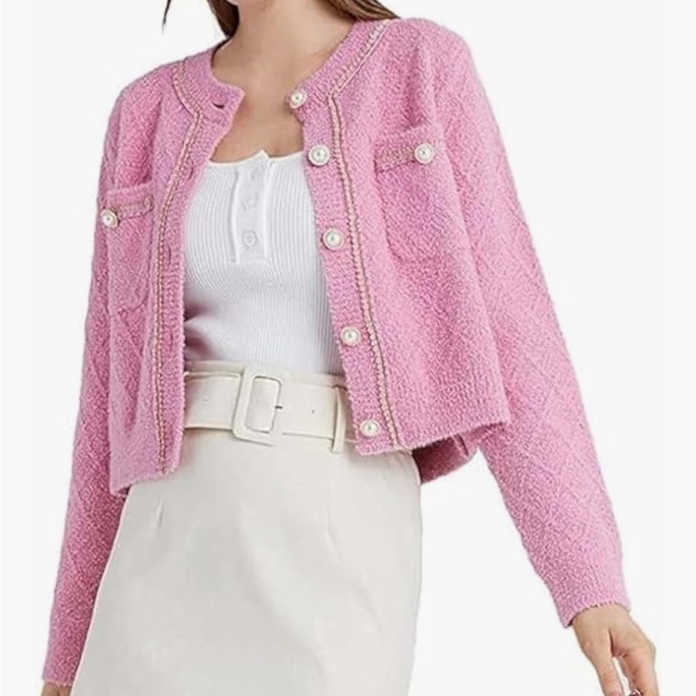 Cropped Pink Bouclé Cardigan Sweater
